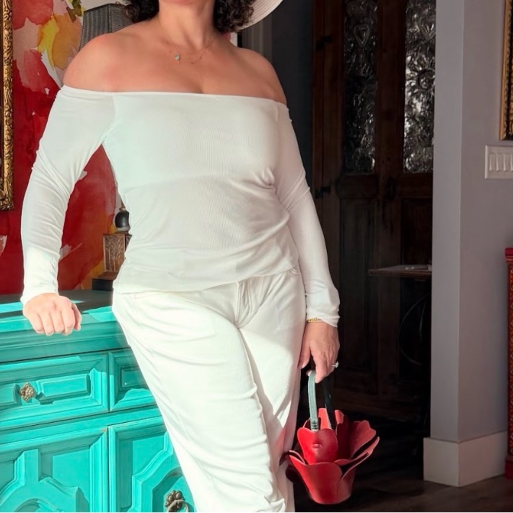 HALARA Off-Shoulder Top and Relaxed Pants Set in White